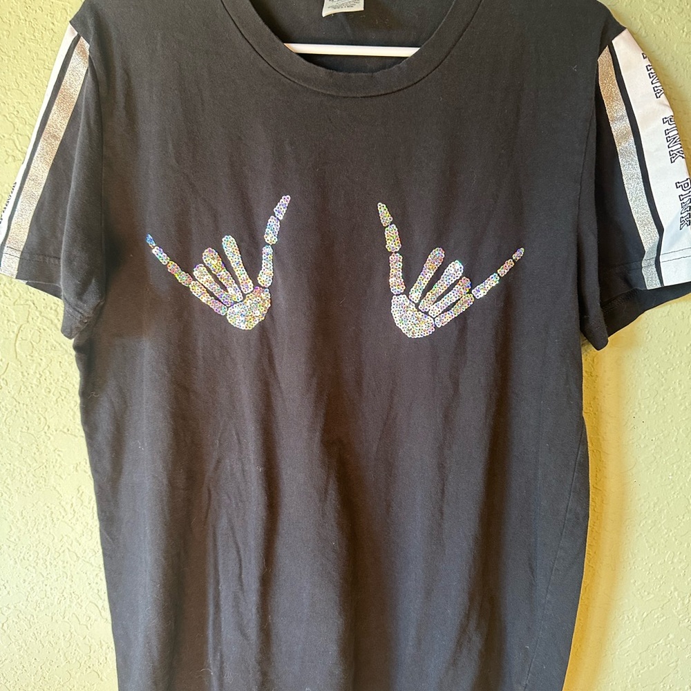 PINK Victoria's Secret Black Tee with Glitter Skeleton Hands